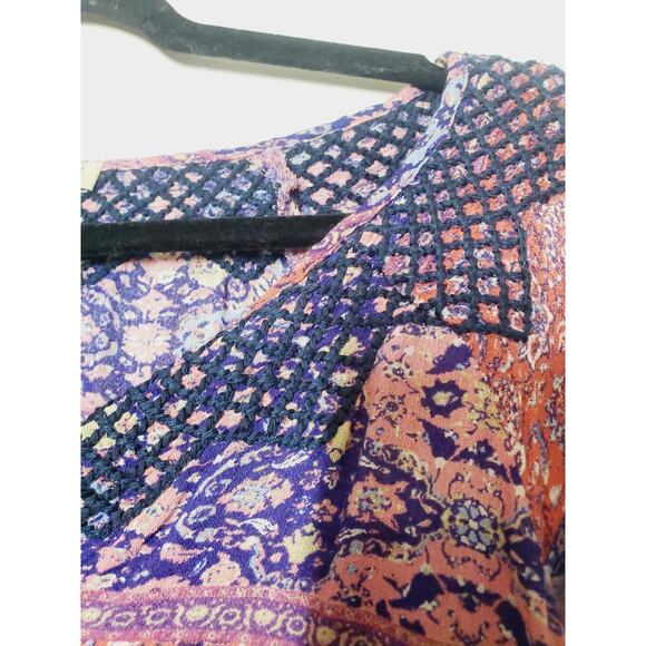 Lucky Brand Womens Medium Peasant Top Bohemian Balloon Sleeve Printed Tassel - Picture 2 of 9